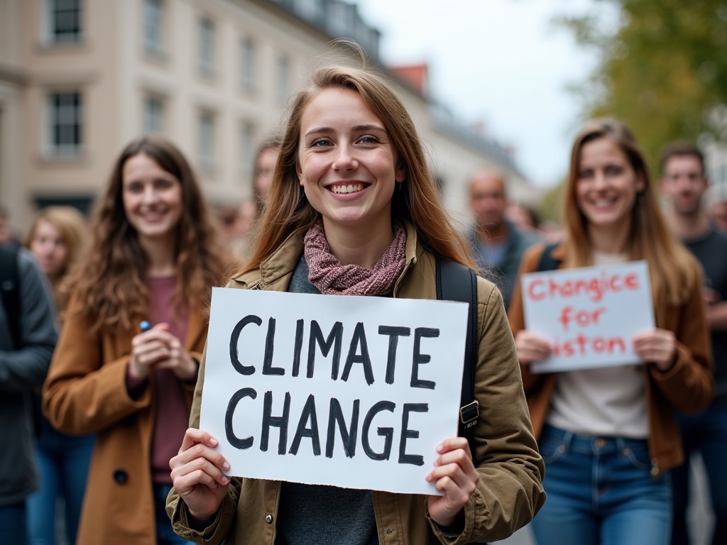 Young people gathered at a peaceful protest with creative signs about environmental change.
