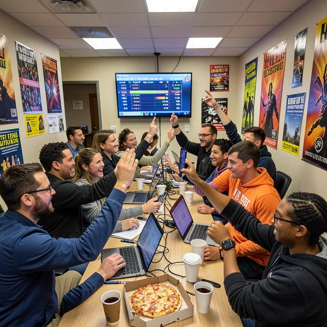 Campaign volunteers celebrating early election results in a lively office