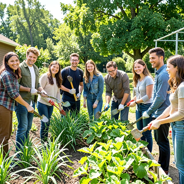 College students volunteering together in a community garden