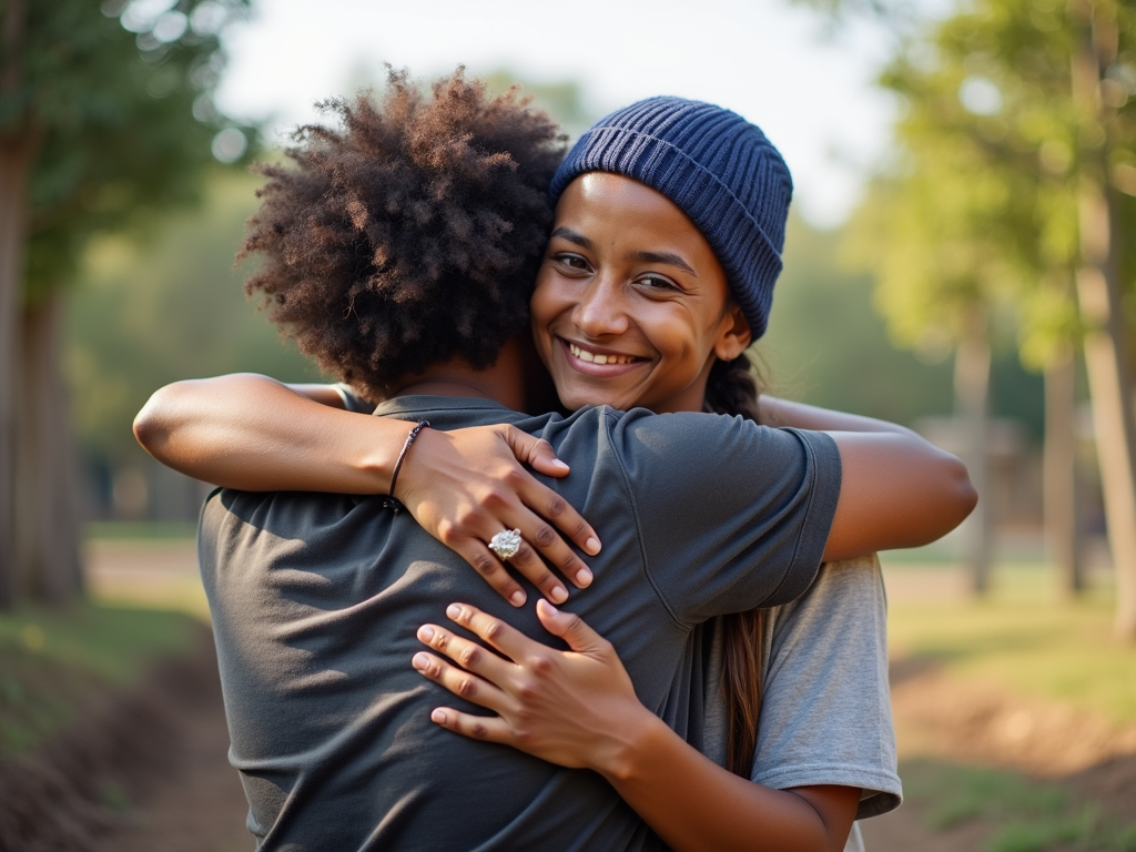 Volunteer and community member hugging