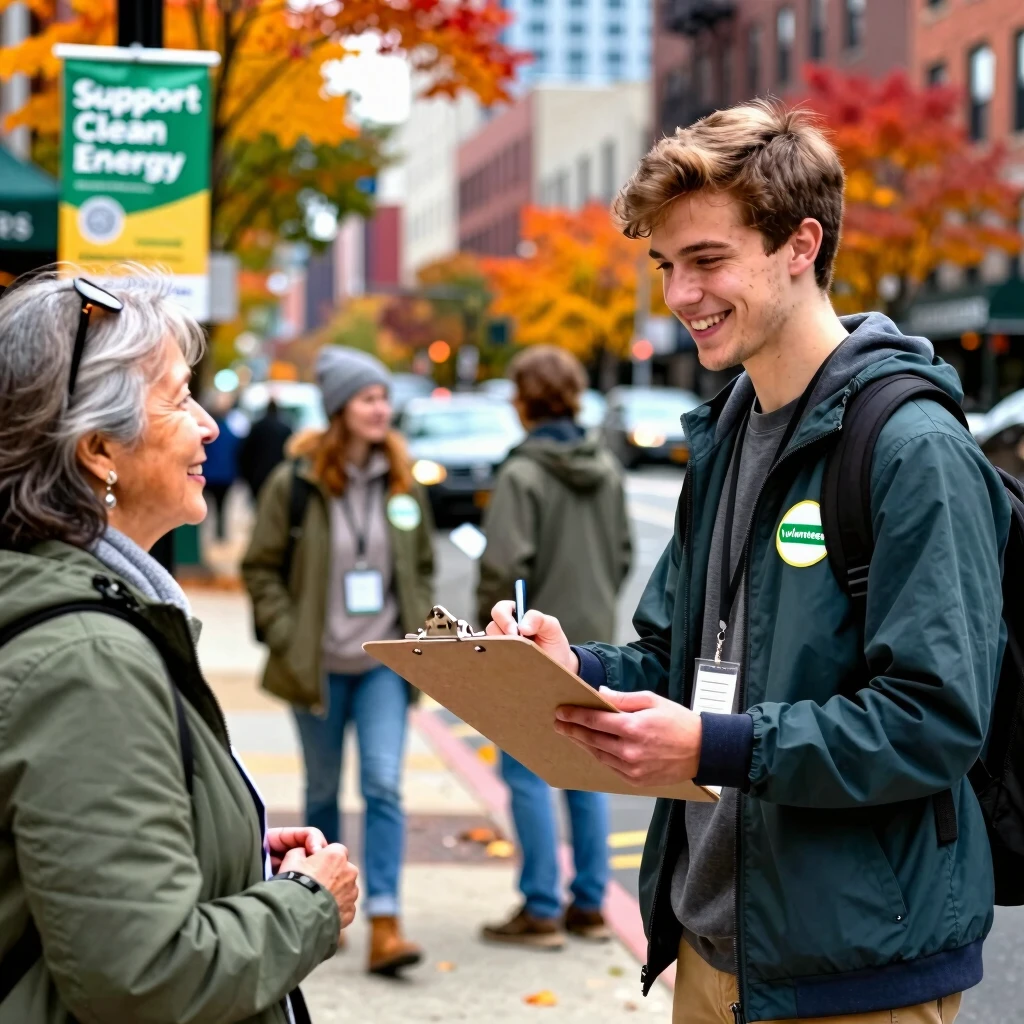Volunteers gathering petition signatures for clean energy policy on a city street