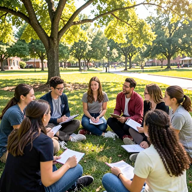 Students in a reflective circle discussing their service learning experiences outdoors