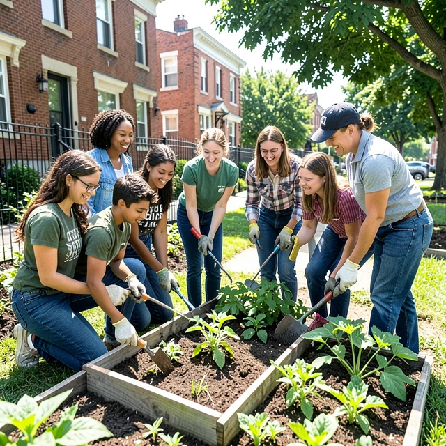Students and volunteers building a community garden as part of a service learning project