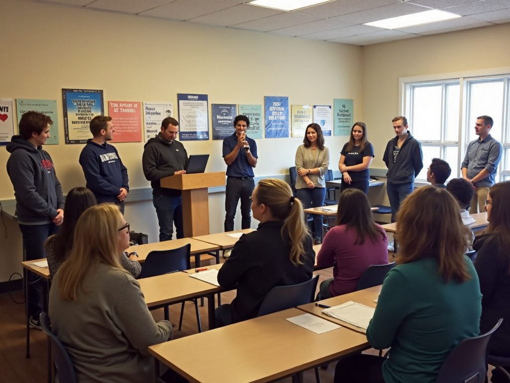 Volunteers practicing public speaking in a community hall