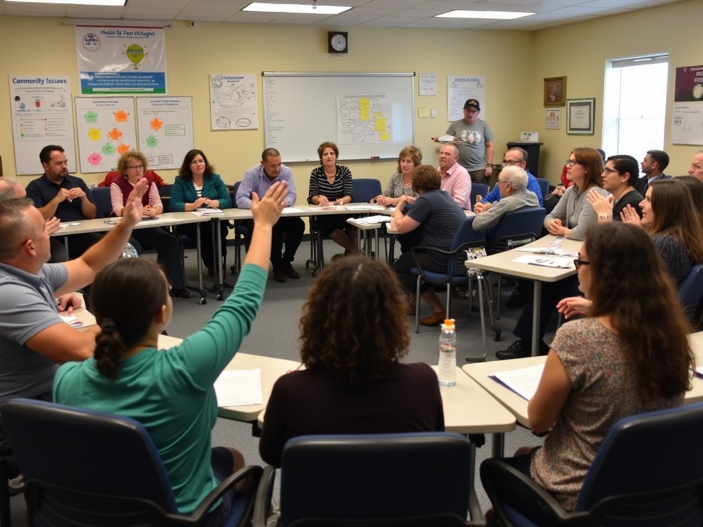 Citizens actively participating in a town hall meeting, symbolizing civic engagement and community involvement.