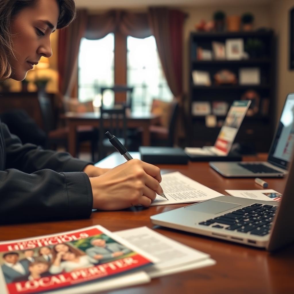 A person writing an advocacy letter at a desk with flyers and a laptop in a cozy room.