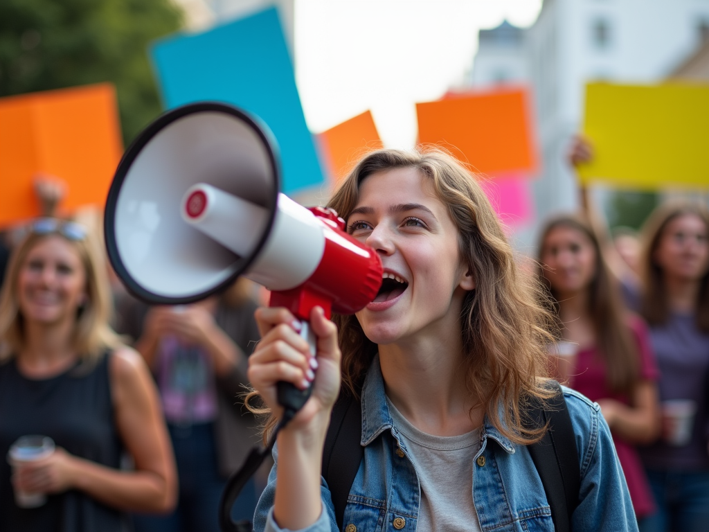 Young advocate leading a rally with a megaphone.