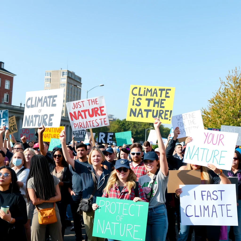 Diverse group at an environmental advocacy rally holding signs