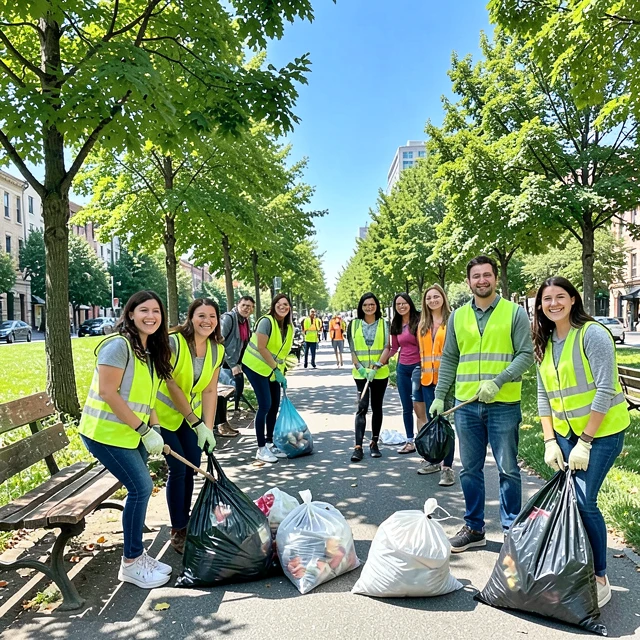 Volunteers cleaning a community park on a bright day