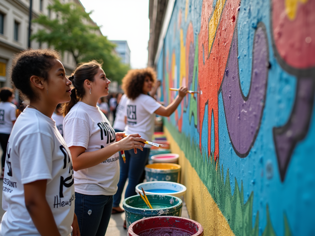 Volunteers painting a mural for the community