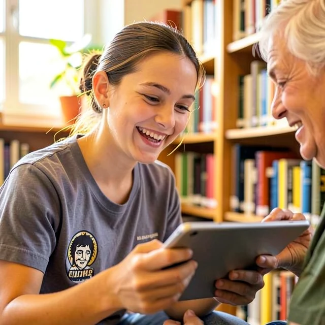 Student volunteer assisting elderly person in a library