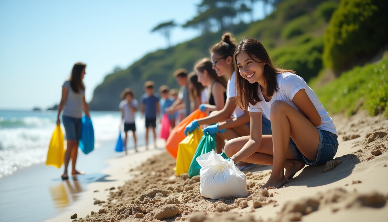 Group of college students participating in a beach clean-up, picking up trash and recycling.
