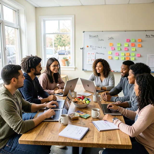 Diverse team brainstorming advocacy campaign ideas