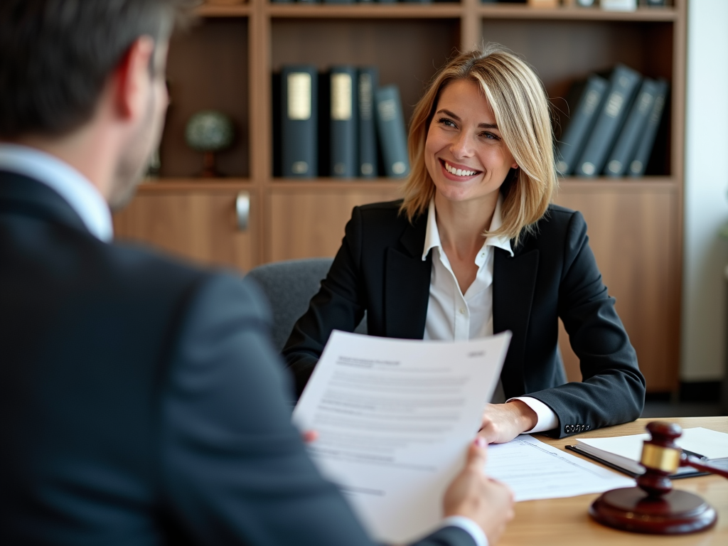 Pro bono lawyer consulting with client.