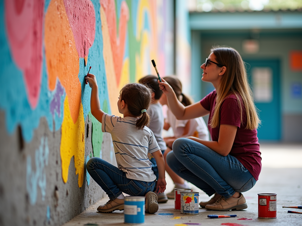 Teacher and students collaborating on a mural for a service learning project