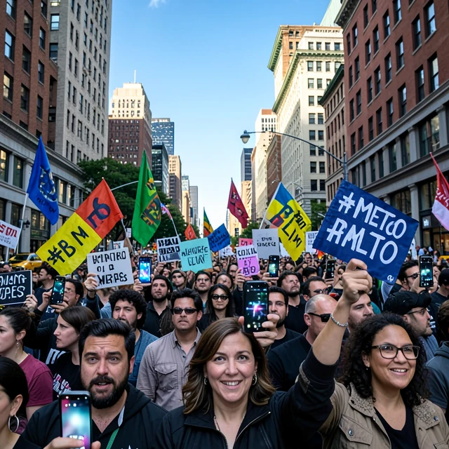 Vibrant street protest with activists using phones to spread digital campaigns