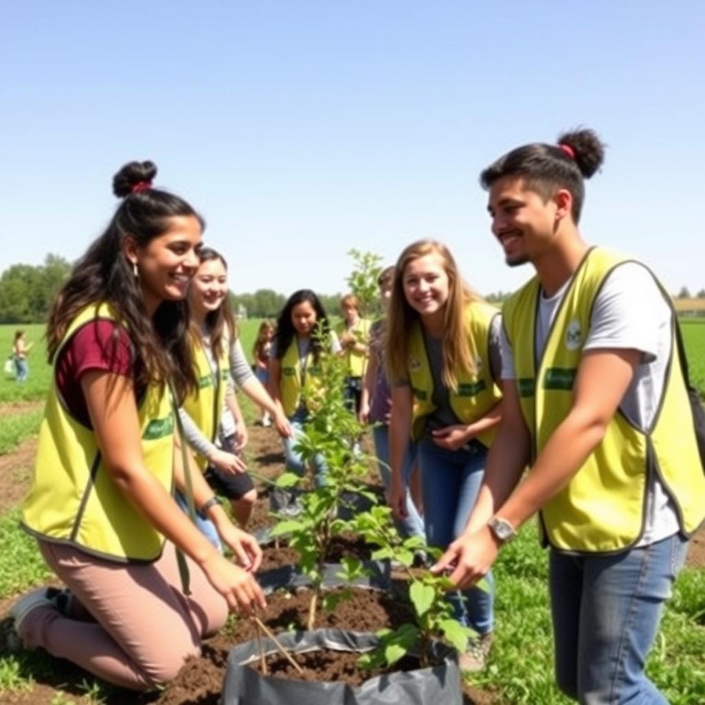 College students planting trees in a park, smiling and working together on a sunny day.