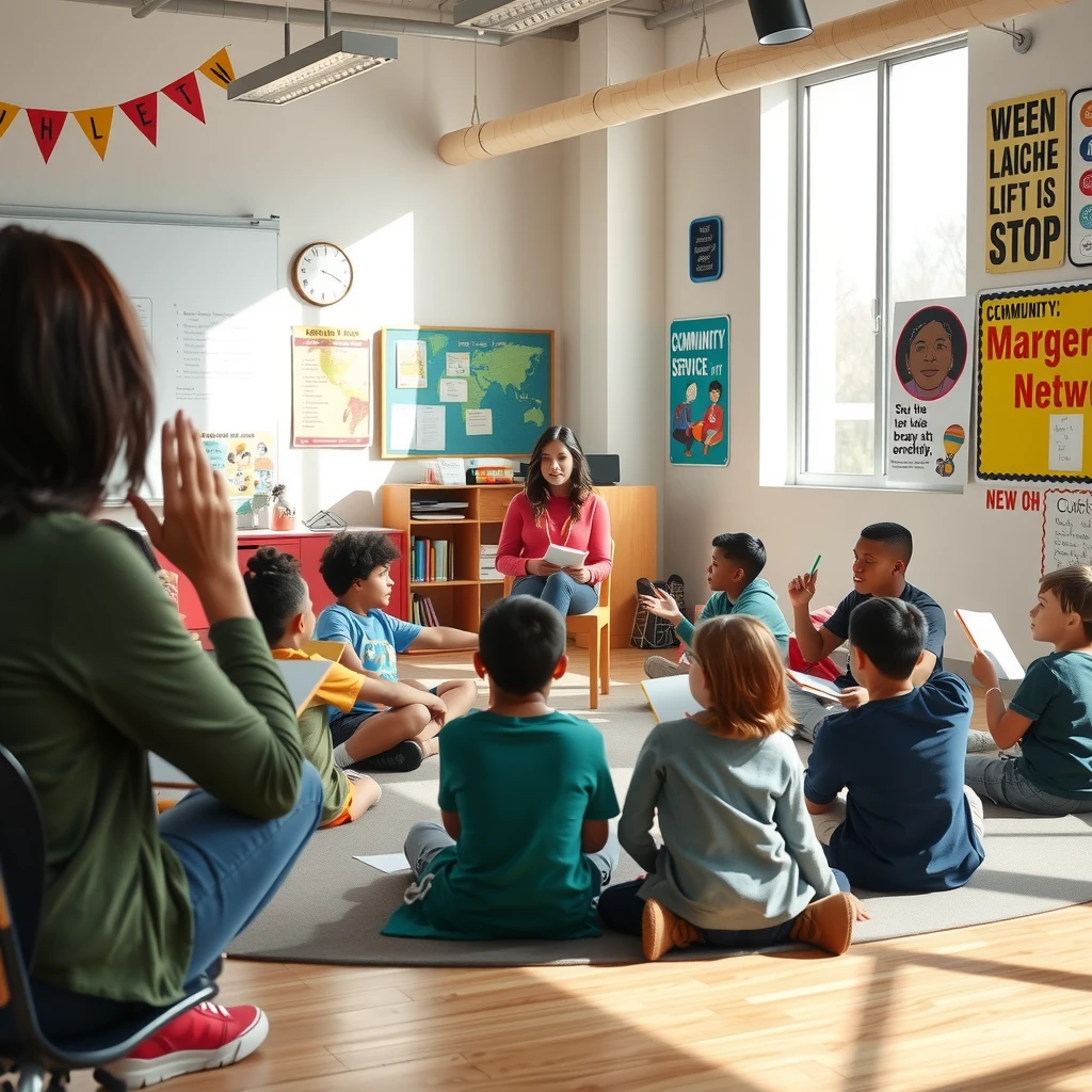 Students participating in a reflection circle after a service learning activity