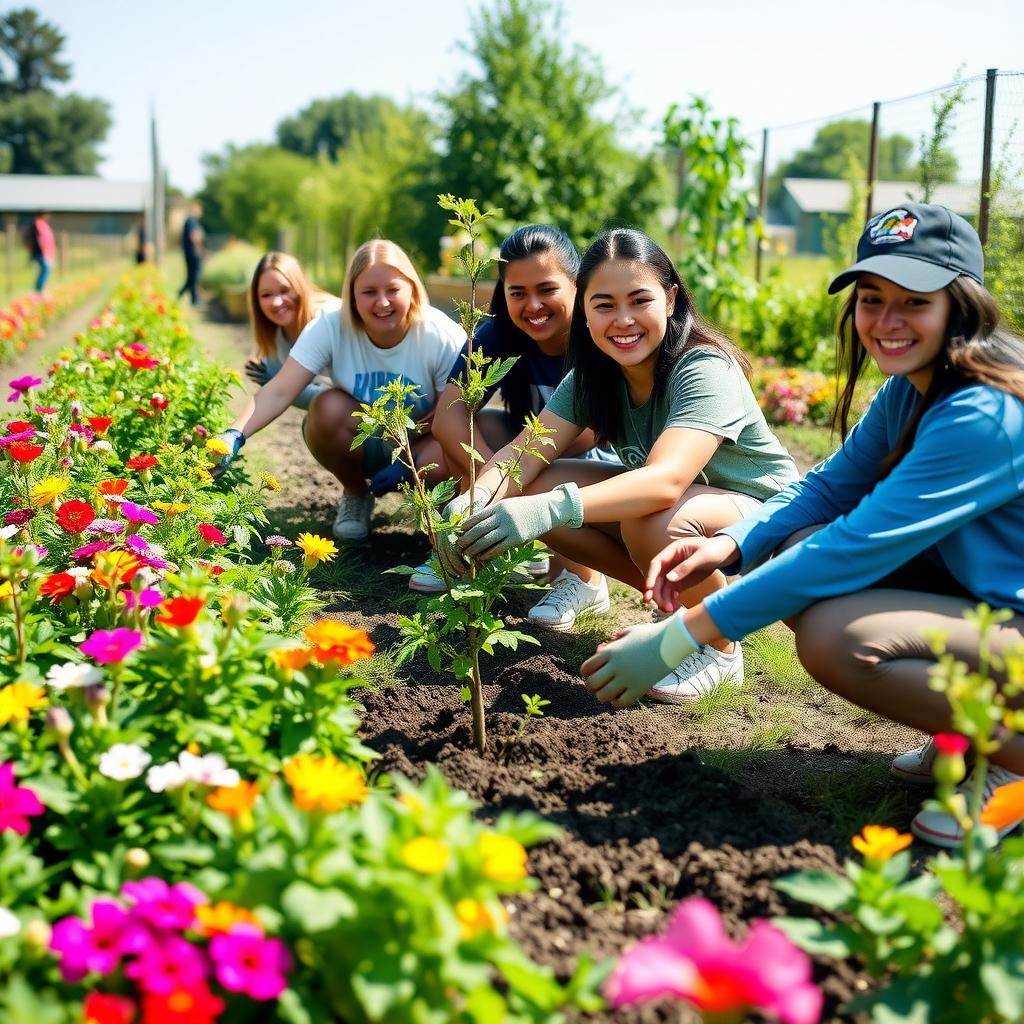 Youth volunteers planting trees in a community garden.
