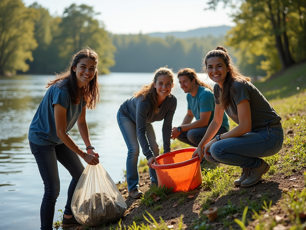 Volunteers cleaning a river