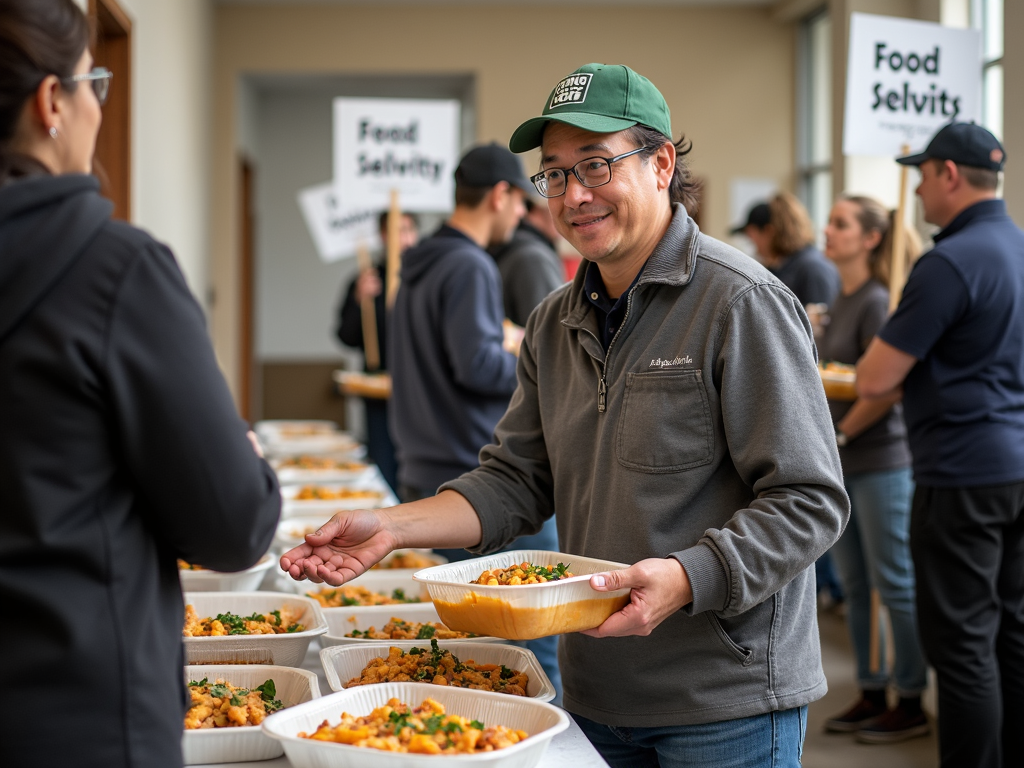 Volunteers combining service and advocacy at a soup kitchen.