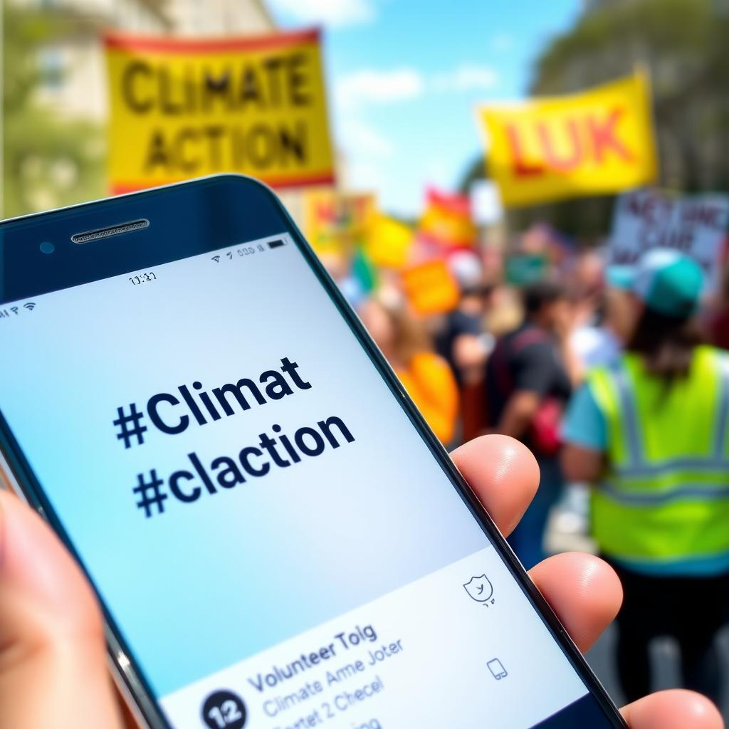 A smartphone screen showing a trending advocacy hashtag, held by a volunteer at a rally.