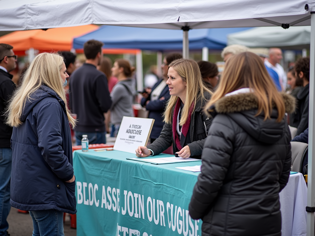 Volunteers recruiting at a community fair booth