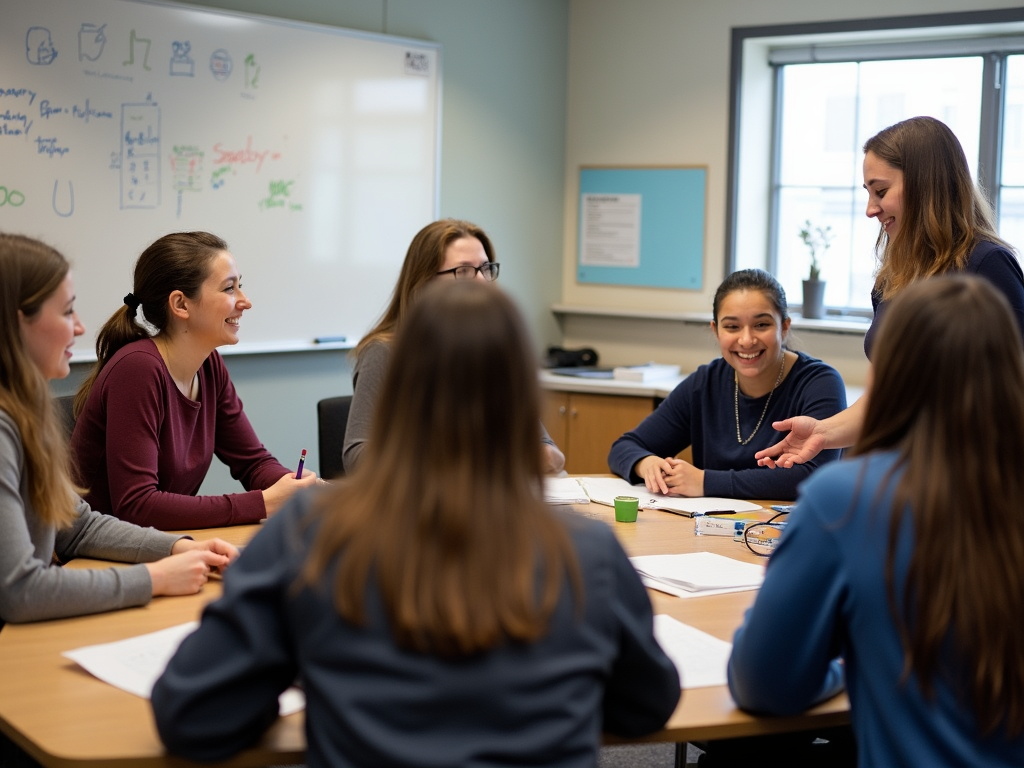 Students and teacher discussing a service learning project.