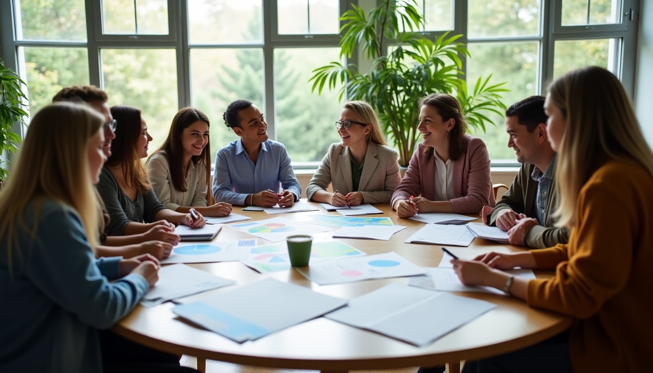 Volunteers and community leaders discussing environmental policies in a meeting.