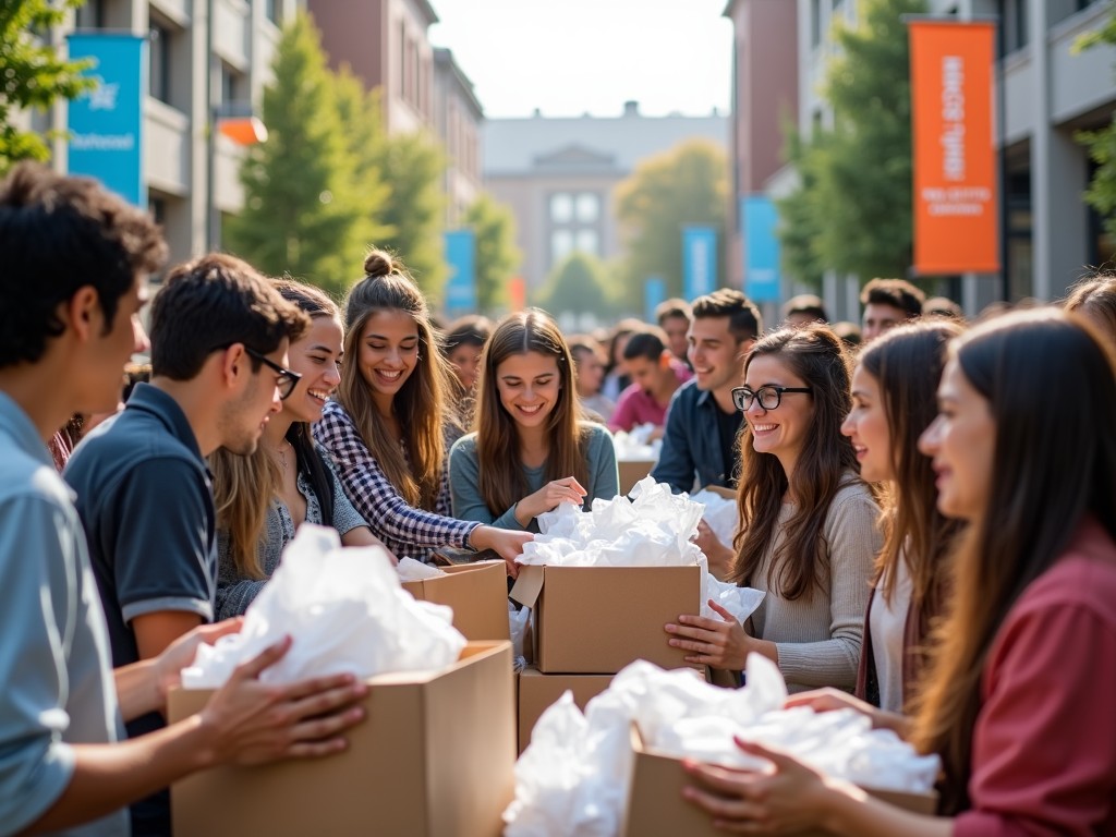 Diverse group of university students sorting and packing donation boxes in a vibrant community center.