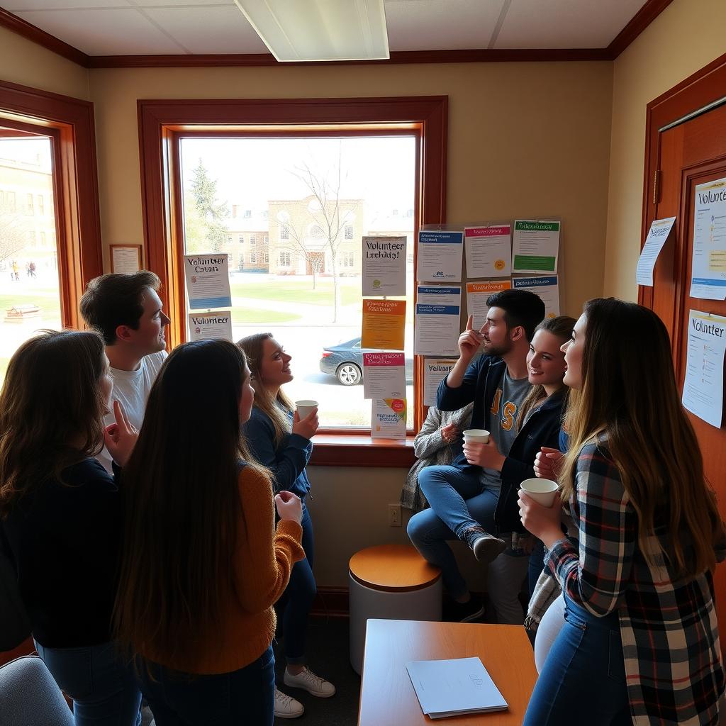 College students reviewing volunteer opportunity flyers on a campus bulletin board in a cozy office.