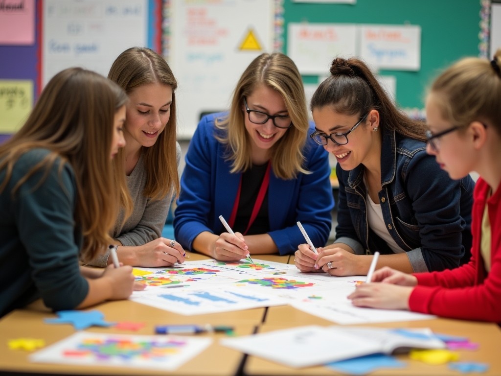 Group of students and teachers discussing a service learning project in a classroom setting.