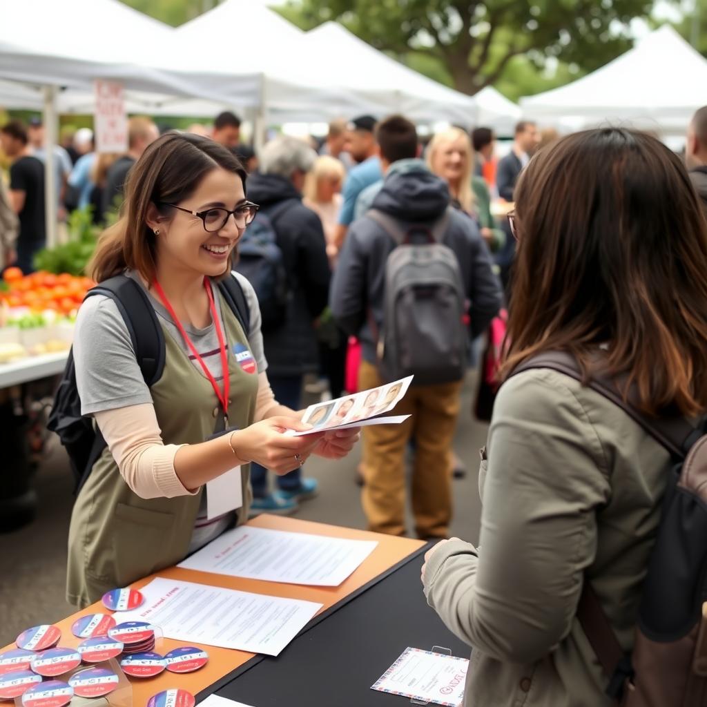Volunteer shares flyers and talks to a voter at a farmers’ market table.