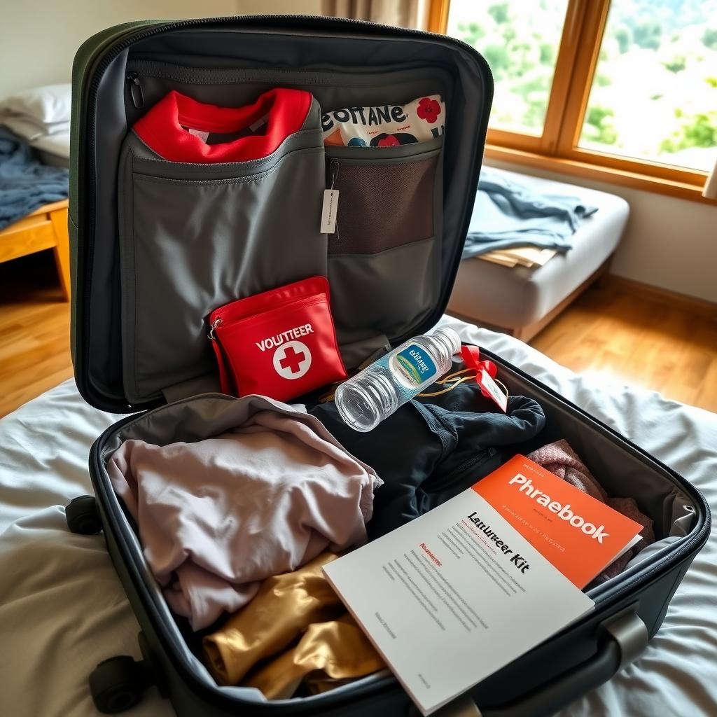 Open suitcase with neatly packed volunteer essentials in a cozy hostel room.