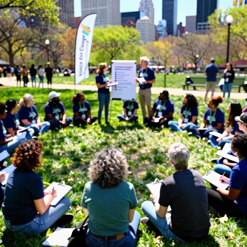 Volunteers engaged in an outdoor advocacy training session in a park