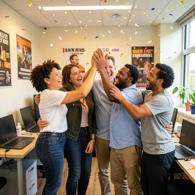 Volunteer team joyfully celebrating a successful advocacy campaign milestone