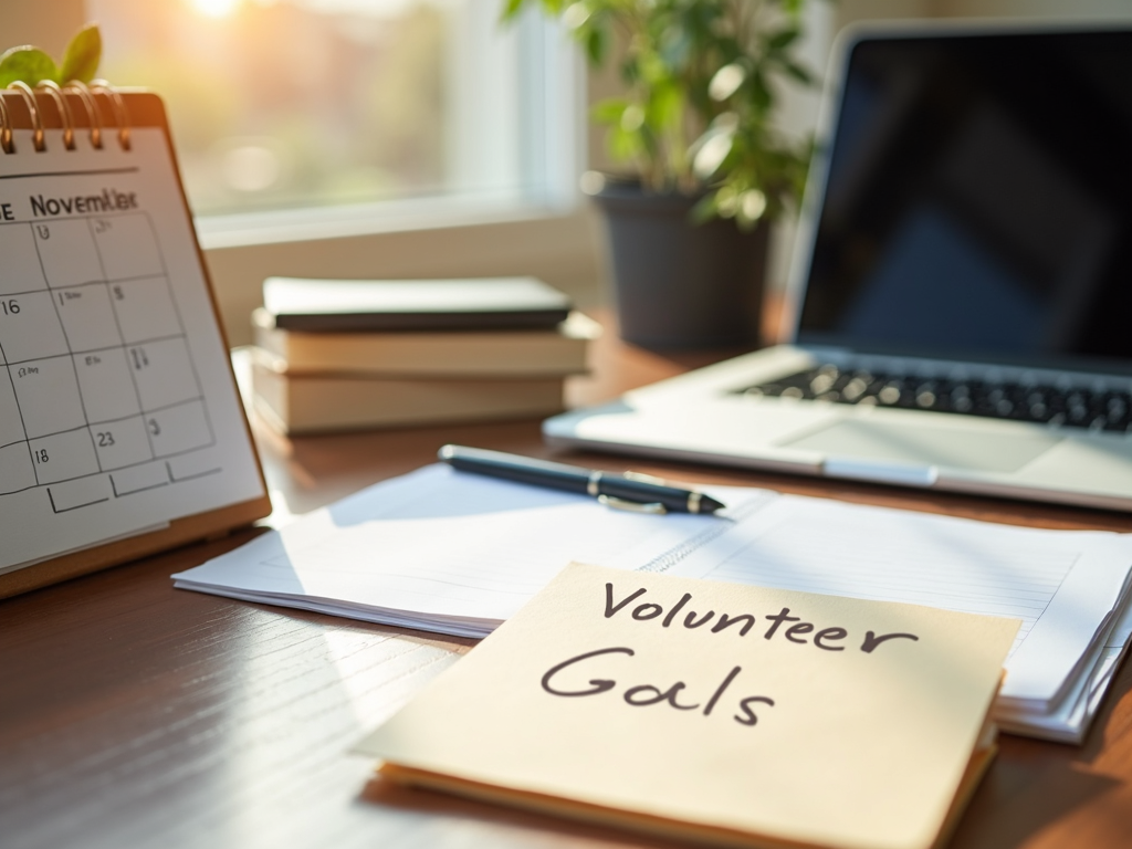 A volunteer’s workspace with goal-setting tools.