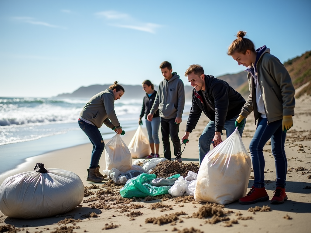 Students participating in a beach cleanup service learning project.