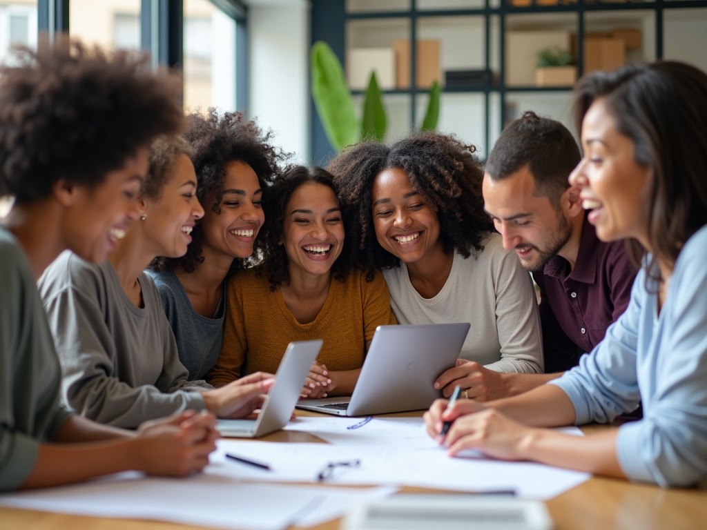 A diverse group of people brainstorming around a table.