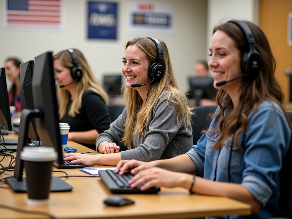 Volunteers making calls at a campaign phone bank