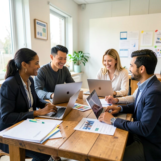 Diverse professionals collaborating on a skill-based volunteering project in a community setting