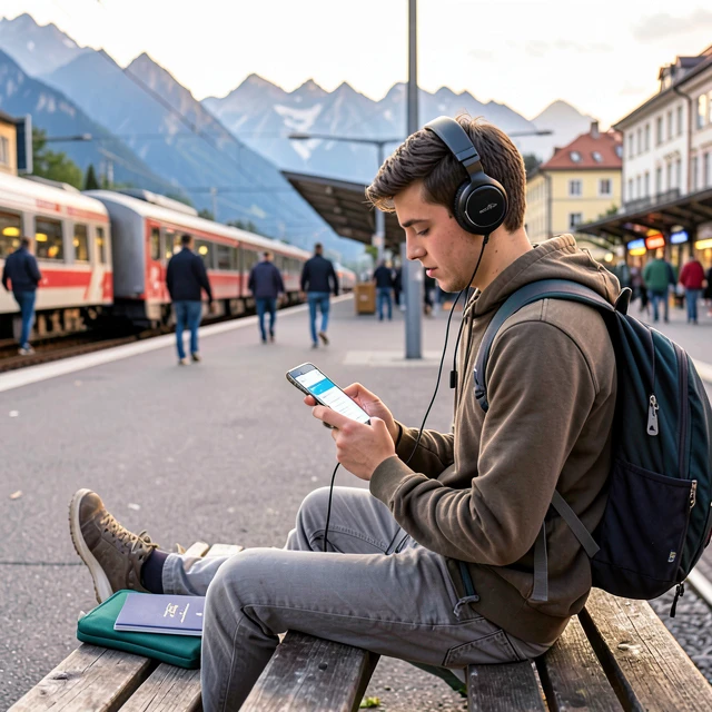 Traveler using the best apps for language learning on the go at a train station