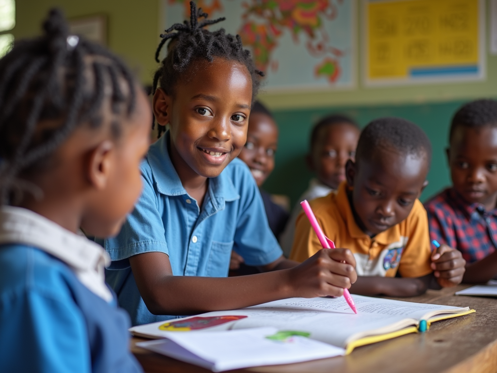 Volunteer teaching children.