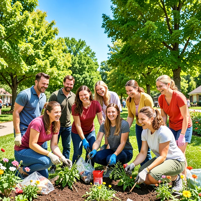 Diverse volunteers working together at a community park cleanup event