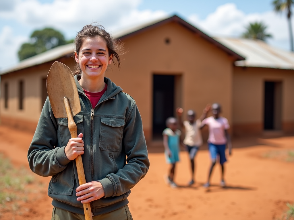 Stanford student with local children in front of a newly built school in Kenya.