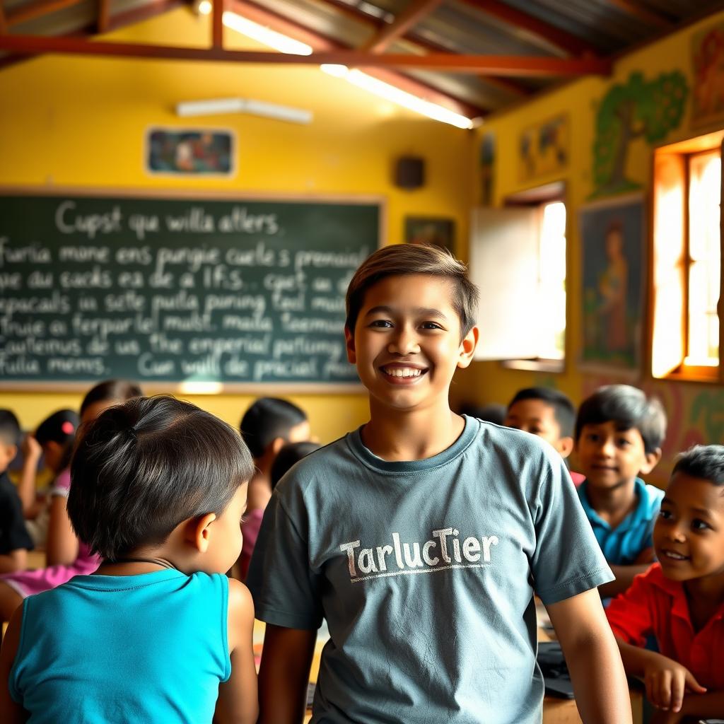 Volunteer teaching children in a Latin American classroom