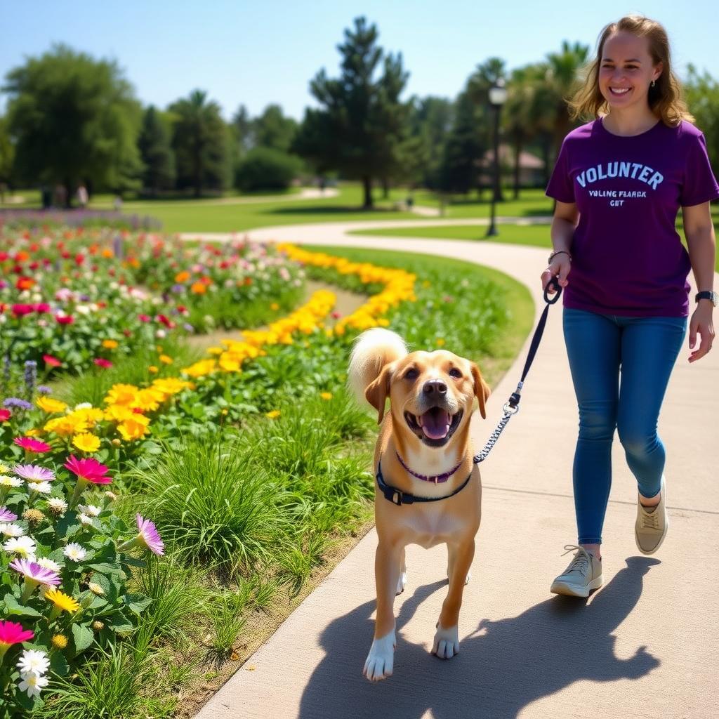 A volunteer walking a dog in a sunny park, surrounded by colorful flowers.
