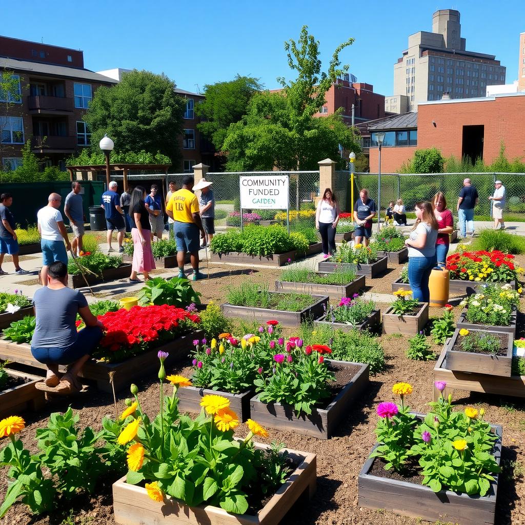 A lively community garden with diverse people planting and chatting under a bright sun.