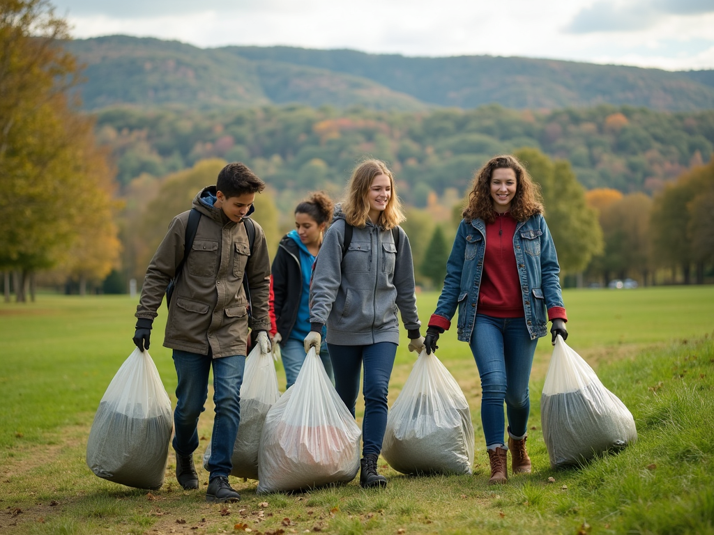 Students participating in a park cleanup