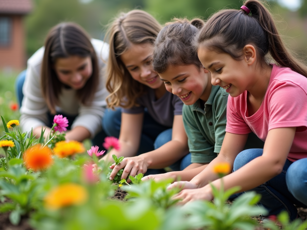 Students and community members collaborating on a community garden project.